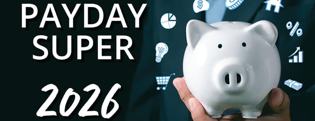 Promotional banner showing a white piggy bank in hands with 'Payday Super 2026' text and blue finance icons around it, signaling savings and finance tips.