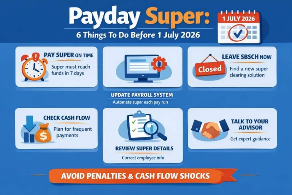 Infographic: six steps to do before 1 July 2026 for payroll and super affairs
