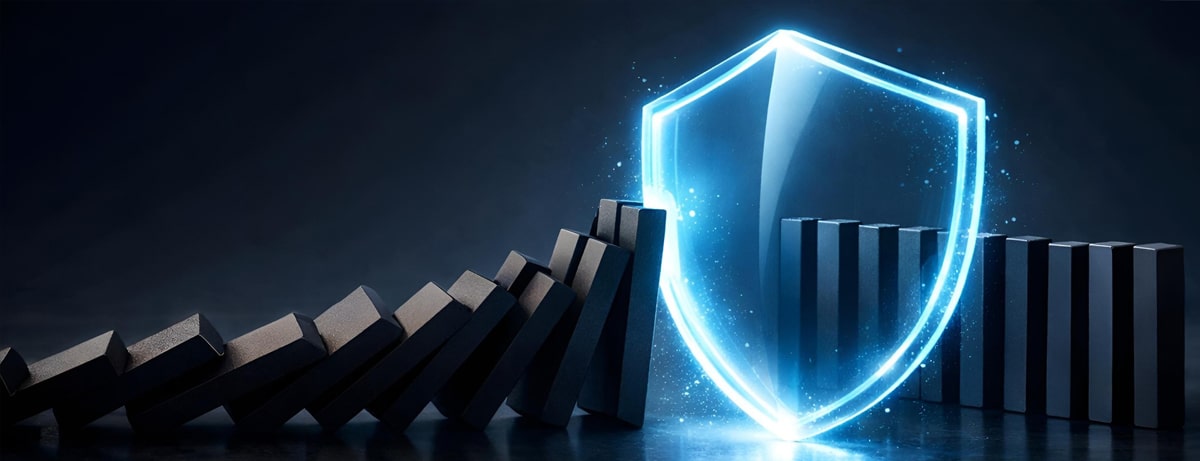 Blue glowing shield blocks a row of falling dominoes, symbolizing cybersecurity protection and resilience.