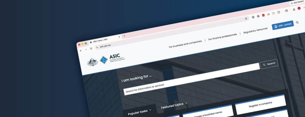 Tilted screenshot of the ASIC website homepage showing the search bar and navigation header.