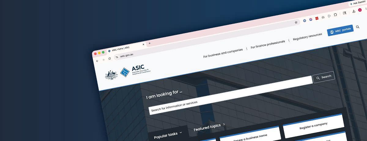 Tilted screenshot of the ASIC website homepage showing the search bar and navigation header.